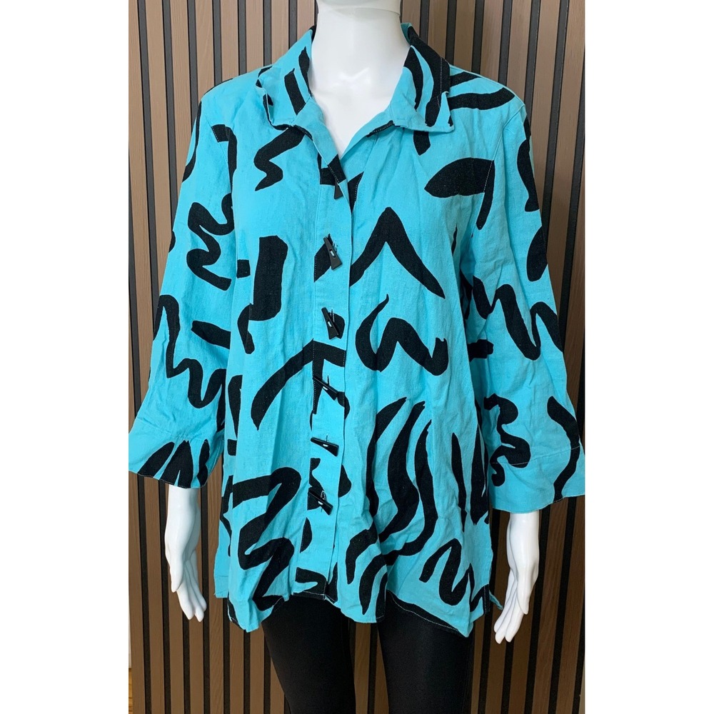 Ali Miles Turquoise Black Abstract Print Linen Blend Tunic Top Toggle Buttons M